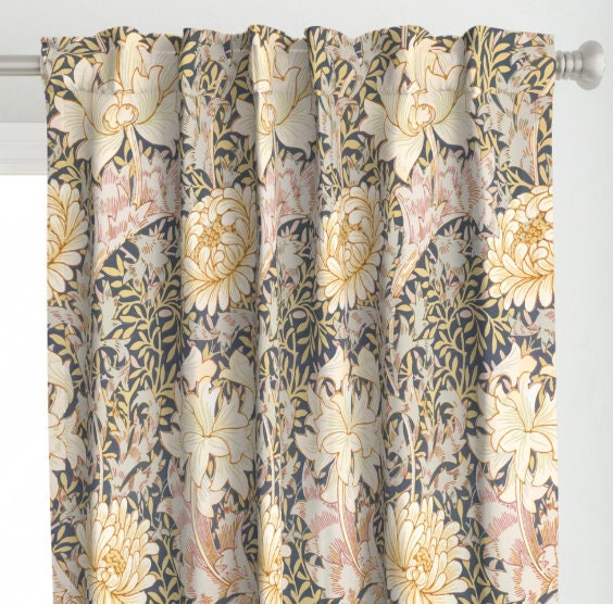 One (1) Curtain Panel - "Chrysanthemum - William Morris" - 50 inch Wide, Blackout lining available. Linen Cotton Canvas
