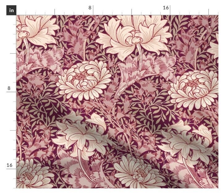 One (1) Curtain Panel - "William Morris Chrysanthemum Cranberry" - 50 inch Wide, Blackout lining available. Linen Cotton Canvas