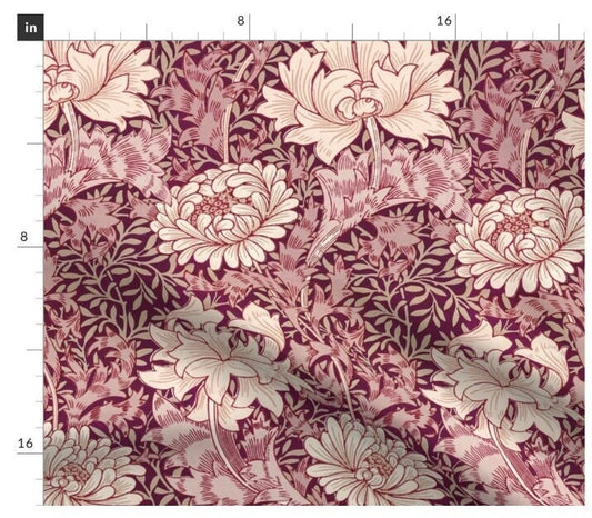 One (1) Curtain Panel - "William Morris Chrysanthemum Cranberry" - 50 inch Wide, Blackout lining available. Linen Cotton Canvas
