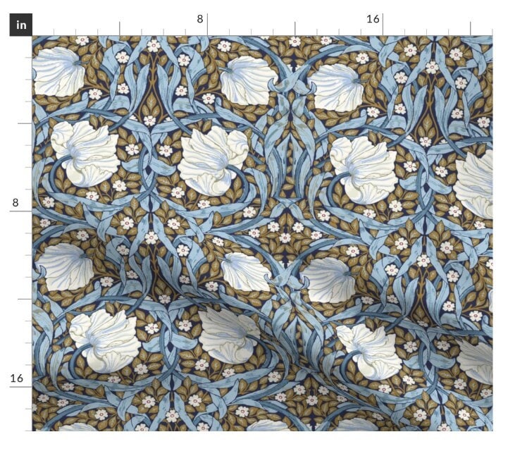 One (1) Curtain Panel - "William Morris Pimpernel - Blue and Gold" - 50 inch Wide, Blackout lining available. Linen Cotton Canvas