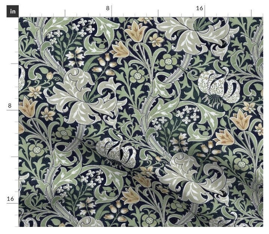 One (1) Curtain Panel - "William Morris - Golden Lily Garden Sage" - 50 inch Wide, Blackout lining available. Linen Cotton Canvas