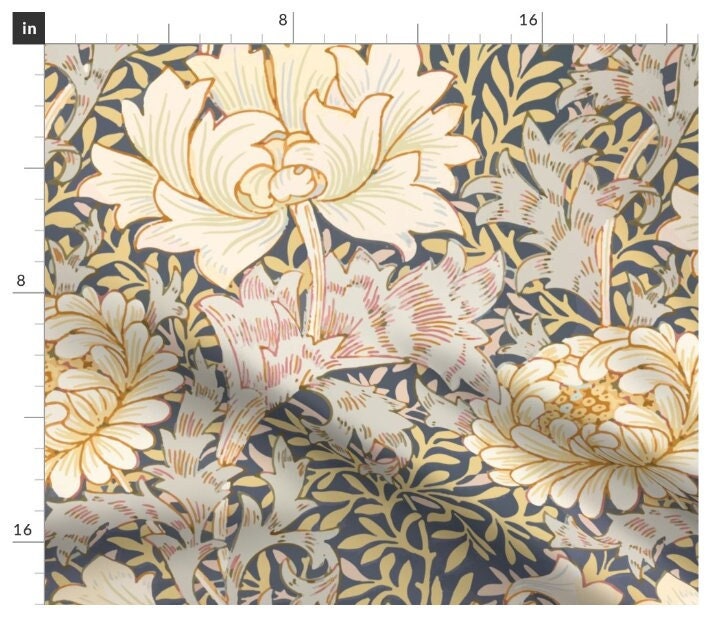 One (1) Curtain Panel - "Chrysanthemum - William Morris" - 50 inch Wide, Blackout lining available. Linen Cotton Canvas