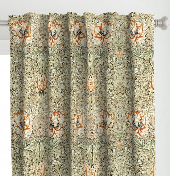 One (1) Curtain Panel or Valance - "Honeysuckle and tulip by William Morris- Antiqued " - 50 inch Wide, Handmade Linen Cotton Canvas Curtain