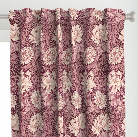 One (1) Curtain Panel - "William Morris Chrysanthemum Cranberry" - 50 inch Wide, Blackout lining available. Linen Cotton Canvas