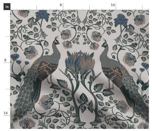 One (1) Curtain Panel - "Peacocks and Flowers on Grey" - 50 inch Wide, Blackout lining available. Linen Cotton Canvas