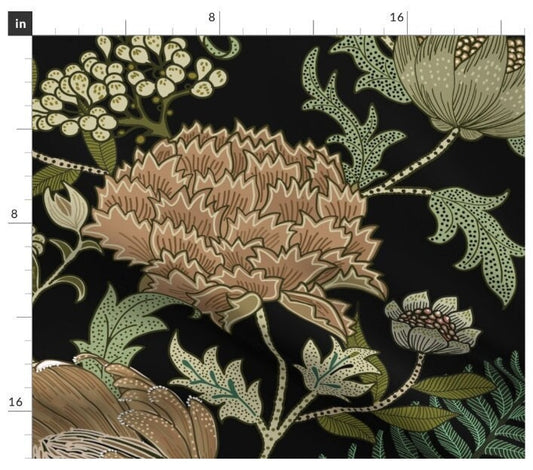 One (1) Curtain Panel - "Large Romantic Garden Black William Morris" - 50 inch Wide, Blackout lining available. Linen Cotton Canvas