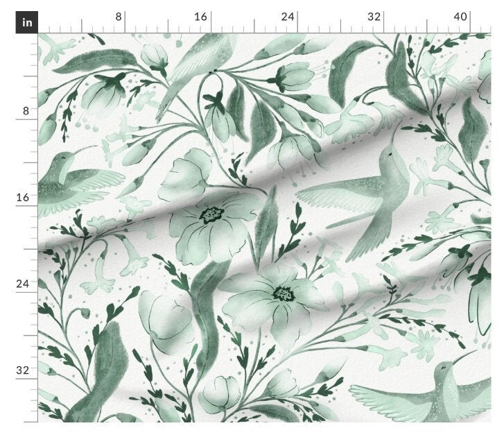 One (1) Curtain Panel- "Hummingbird Green" - 50 inch Wide, Blackout lining available. Linen Cotton Canvas. Large Print Birds and Flowers