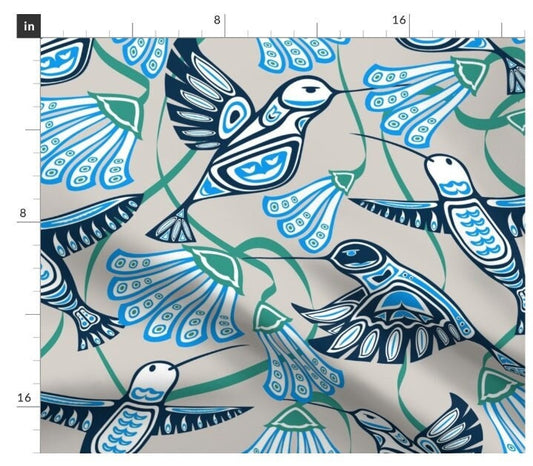 One (1) Curtain Panel- "Hummingbirds & Blooms" - 50 inch Wide, Blackout lining available. Linen Cotton Canvas. Large Print Birds and Flowers