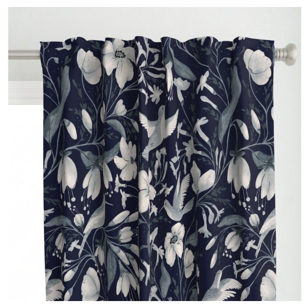 One (1) Curtain Panel- "Hummingbird Navy" - 50 inch Wide, Blackout lining available. Linen Cotton Canvas. Large Print Birds and Flowers