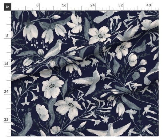 One (1) Curtain Panel- "Hummingbird Navy" - 50 inch Wide, Blackout lining available. Linen Cotton Canvas. Large Print Birds and Flowers