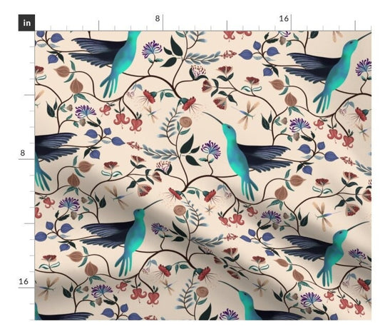 One (1) Curtain Panel- "Hummingbird with Flowers" - 50 inch Wide, Blackout lining available. Linen Cotton Canvas. Large Print Bird
