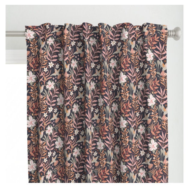 One (1) Curtain Panel or Valance - "Hummingbird Fiesta" - 50 inch Wide, Handmade Linen Cotton Canvas Window Treatments. Birds and Flowers