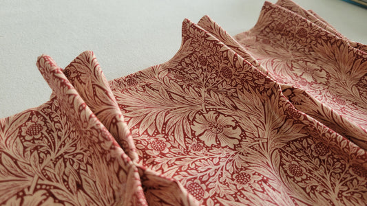 One Curtain Panel "Marigold Red" Fabric, FreeSpirit Fabrics, The Original Morris & Co. Double Pinch Pleat Top. Bold and Elegant Drapery
