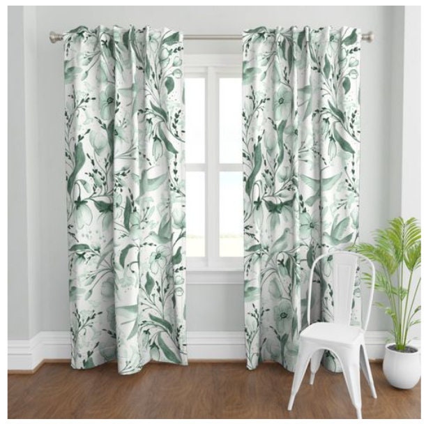 One (1) Curtain Panel- "Hummingbird Green" - 50 inch Wide, Blackout lining available. Linen Cotton Canvas. Large Print Birds and Flowers