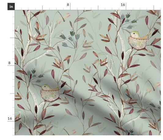 One (1) Curtain Panel or Valance - "Natural Hummingbird" - 50 inch Wide, Handmade to Order Linen Cotton Canvas Window Treatment. Birch Trees