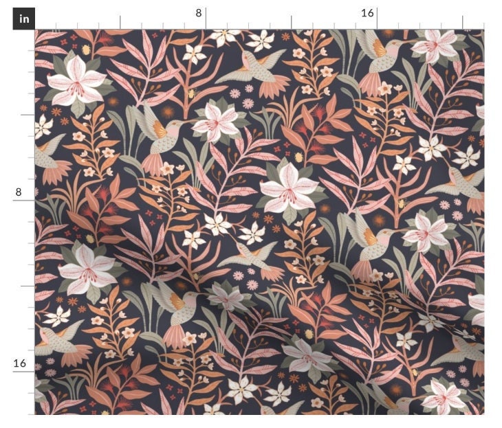 One (1) Curtain Panel or Valance - "Hummingbird Fiesta" - 50 inch Wide, Handmade Linen Cotton Canvas Window Treatments. Birds and Flowers