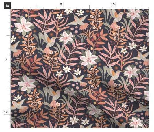 One (1) Curtain Panel or Valance - "Hummingbird Fiesta" - 50 inch Wide, Handmade Linen Cotton Canvas Window Treatments. Birds and Flowers