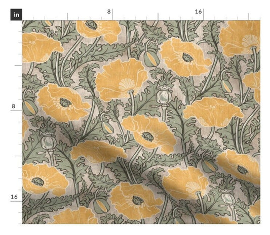 One (1) Curtain Panel - "Vintage Poppy in mustard sage beige cream" - 50" Wide Blackout lining available. Linen Cotton Canvas Curtains