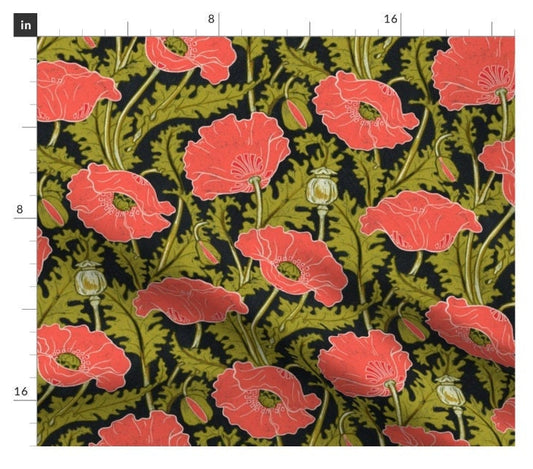 One (1) Curtain Panel - "Vintage Poppy in coral red olive green black" - 50" Wide Blackout lining available. Linen Cotton Canvas Curtains