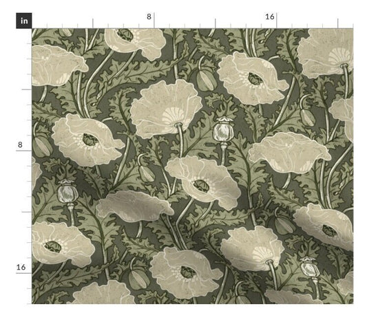 One (1) Curtain Panel - "Vintage Poppy in cream sage olive green" - 50" Wide Blackout lining available. Linen Cotton Canvas Curtains