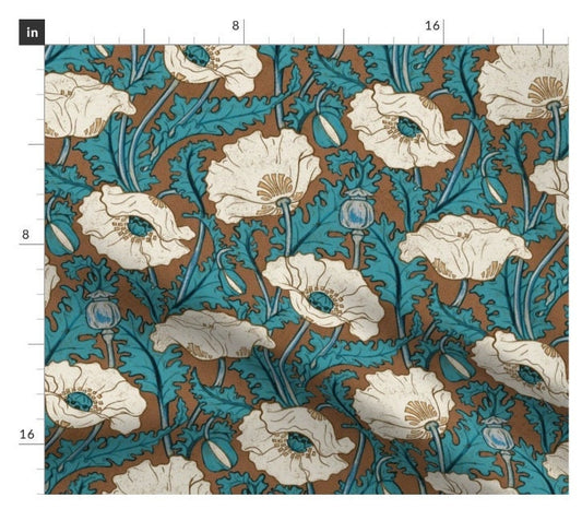 One (1) Curtain Panel - "Vintage Poppy in cream teal blue rust brown" - 50" Wide Blackout lining available. Linen Cotton Canvas Curtains