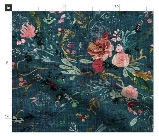 One Roman Shade "Fable Floral Teal". Window Treatments for Home or Business. Bold, Large Flowers, Branches and Twigs. Custom Made to Order