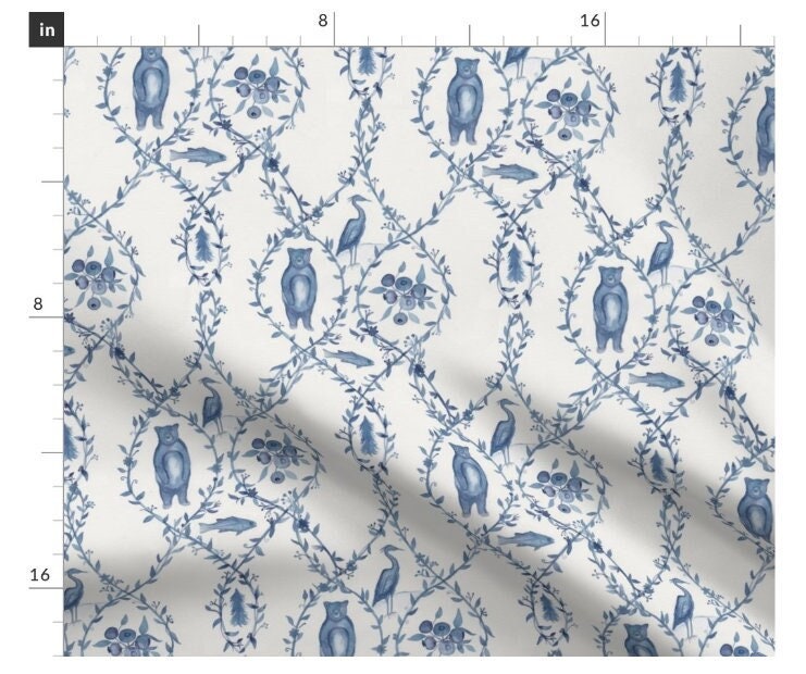 One Roman Shade "Blueberry Woods Toile". Custom Made to Order Window Treatments for Home or Business. Featuring Bears, Berries, Crane, Fish