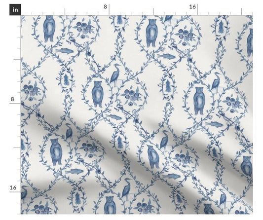 One Roman Shade "Blueberry Woods Toile". Custom Made to Order Window Treatments for Home or Business. Featuring Bears, Berries, Crane, Fish