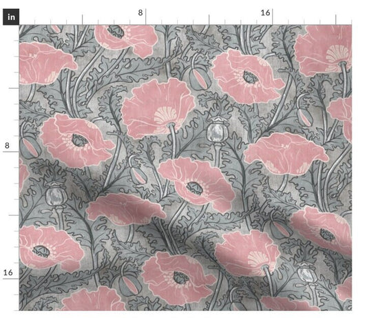 One (1) Curtain Panel - "Vintage Poppy in baby pink grey white" - 50" Wide Blackout lining available. Linen Cotton Canvas Curtains