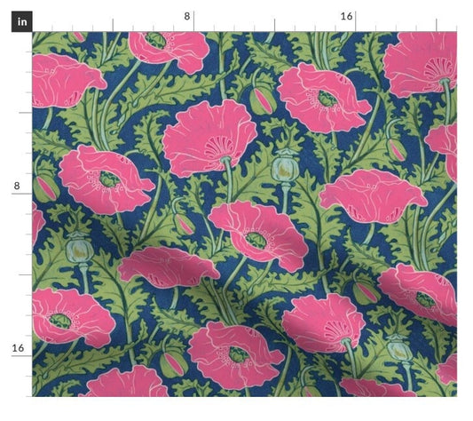 One (1) Curtain Panel or Valance- "Vintage Poppy in denim navy blue hot pink, green" - 50" Wide Handmade Linen Cotton Canvas Curtains