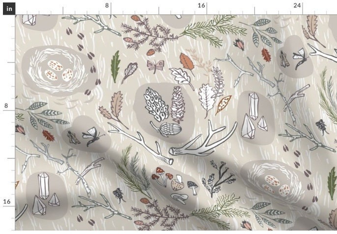 One (1) Curtain Panel Organic Cotton "Woodfall Oatmeal" - Home Decor Boho, Nature Theme. Beige, Grey, White, Red, Green. Pine bough, Leaves