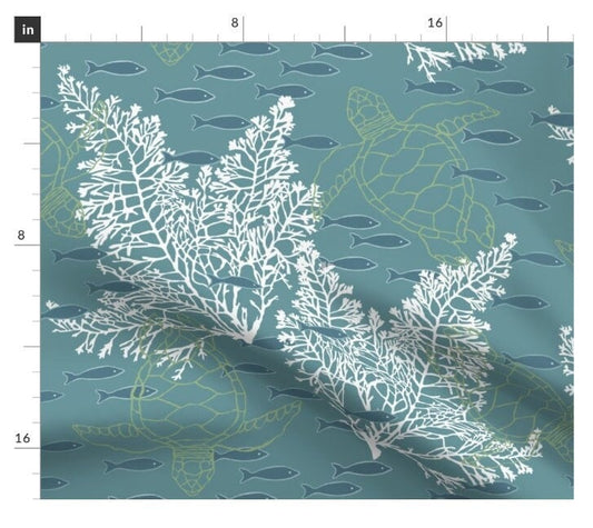 One (1) Curtain Panel or Valance- "Blue Green Sea Turtles with Fish & Coral" - 50" Wide Blackout lining available. Linen Cotton Canvas