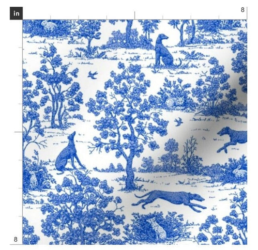 One Curtain Panel or Valance Organic Cotton "Bright Indigo Blue Greyhound Toile de Jouy" Dog, toile, white, blue, animal, trees, hunting