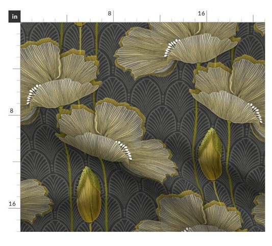 One Roman Shade "Art Deco fleurs d’or". Custom Made to Order Window Treatments for Home or Business. Large Flowers, Gold and Gray