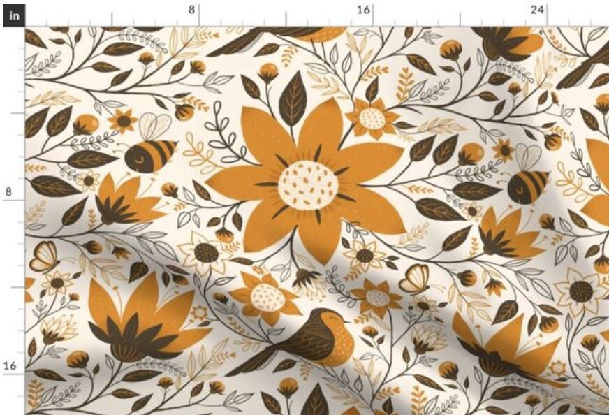 One (1) Curtain Panel Organic Cotton "Birds + Bees Amber" - 54" Wide. Sateen Cotton Fabric Bird, Bee, Orange, Brown, Flowers, Butterflies