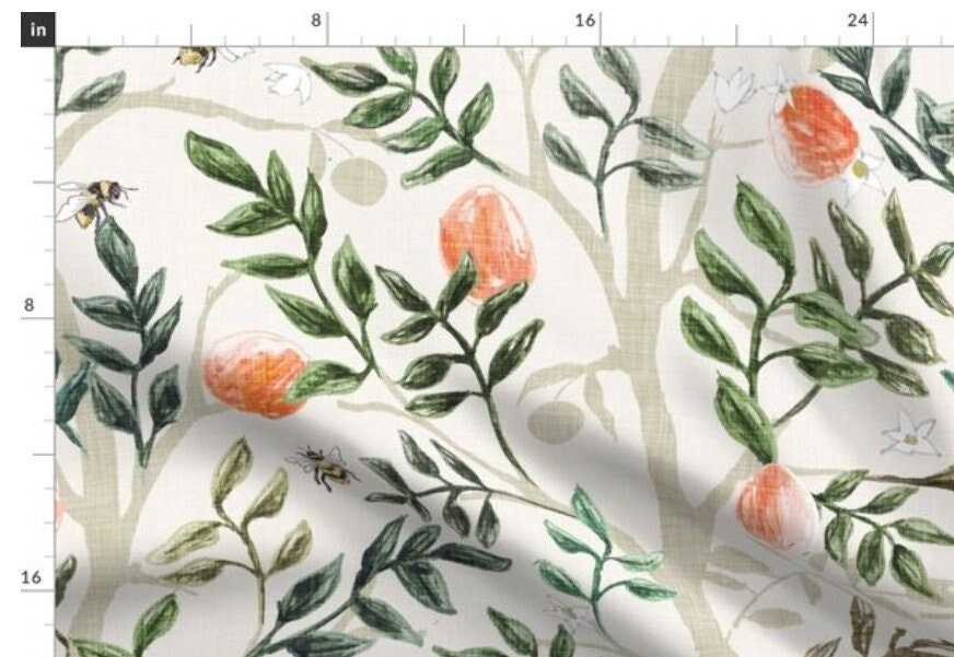 One (1) Curtain Panel - Cotton "Orange Grove - Cream and Emerald" - 54" Wide - Nature home decor, Fruit, Bees, Flowers, Branches