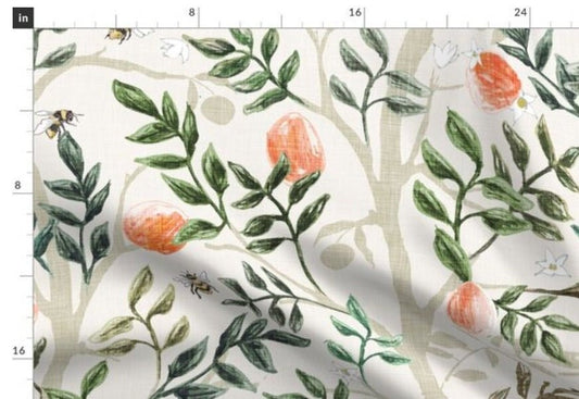 One (1) Curtain Panel - Cotton "Orange Grove - Cream and Emerald" - 54" Wide - Nature home decor, Fruit, Bees, Flowers, Branches