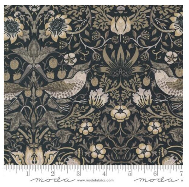 One Curtain Panel "Strawberry Thief Damask Birds" fabric Ebony Suite By Barbara Brackman for Moda Fabrics. William Morris Design