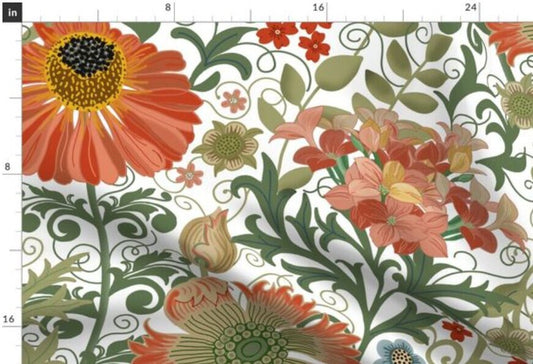 One (1) Curtain Panel or Valance - Organic Cotton Sateen "Le Jardin Art Nouveau White" - 54" Wide. Handmade featuring Bold Floral